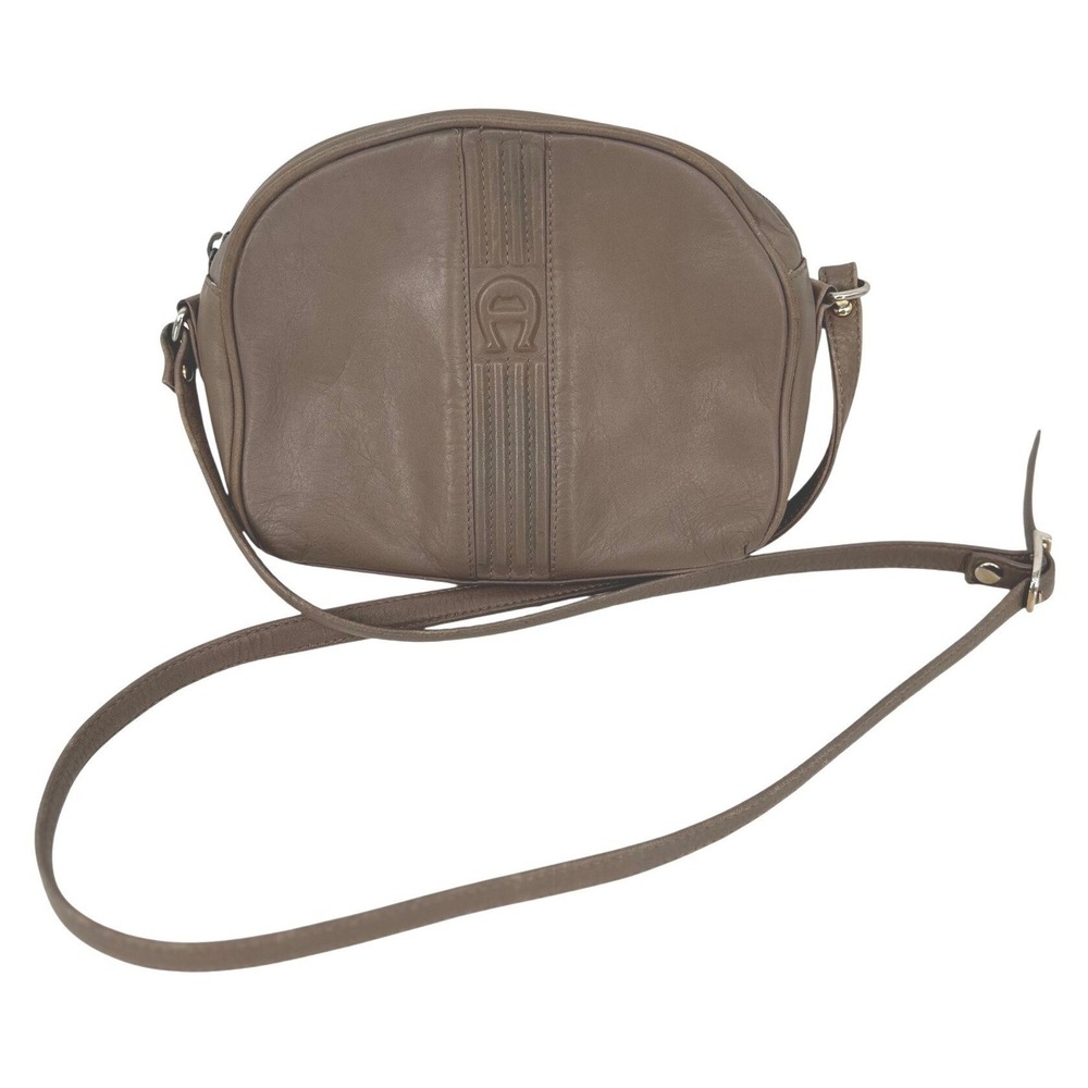 Vintage Etienne Aigner Crossbody Small Bag Purse Taupe Leather‎ Logo Zip Earthy